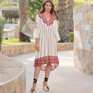 Sundance Catalog Embroidered High Low Boho Midi Kaftan Style Dress size PS
